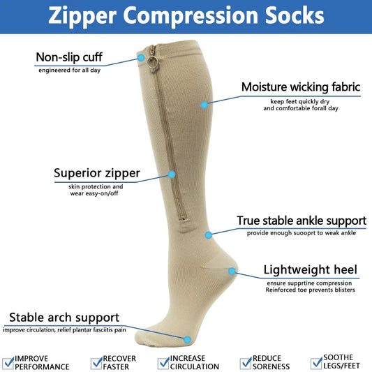 Zippered Compression Stockings – Long Cycling & Sports Leg Support Socks for Women