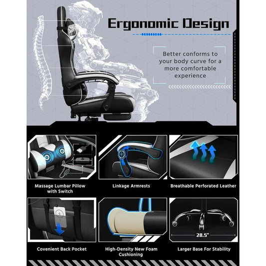 Ergonomic Office Chair – Massage Lumbar Support with Footrest & Adjustable Headrest