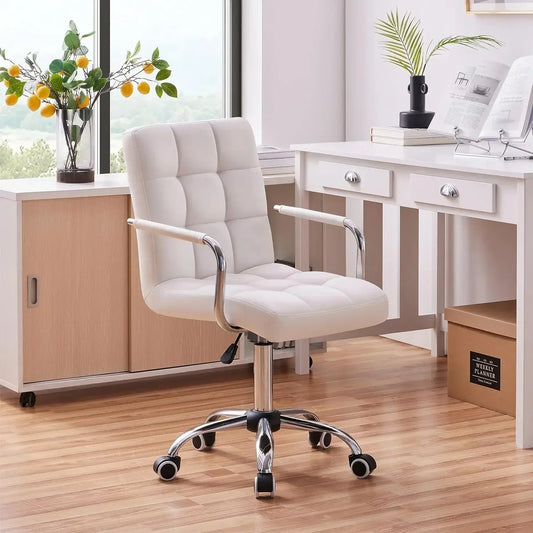 White PU Leather Office Chair – Modern Mid-Back Desk Chair with Wheels & Armrests