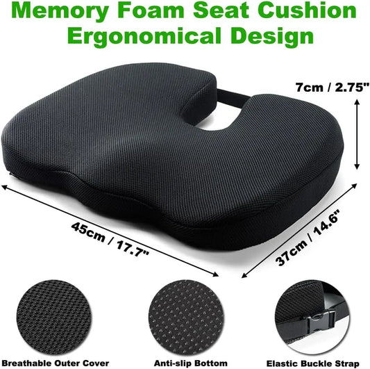 Memory Foam Seat Cushion – Coccyx & Sciatica Relief Pad for Office Chairs