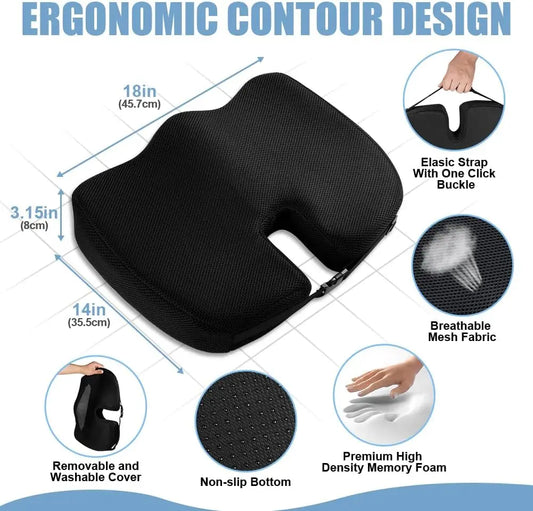Memory Foam Seat Cushion – Coccyx & Sciatica Relief Pad for Office Chairs