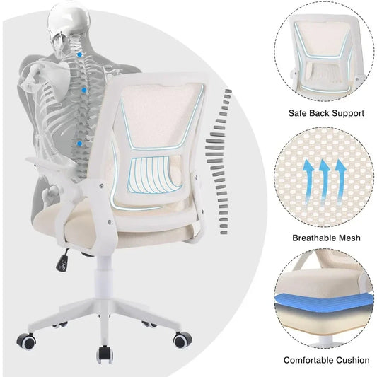 Beige Mid-Back Ergonomic Desk Chair – Swivel Office Chair with Adjustable Arms & Mesh Lumbar Support